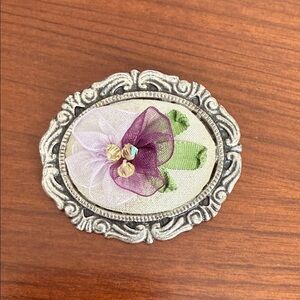 Floral Embroidered Brooch with Silver Frame